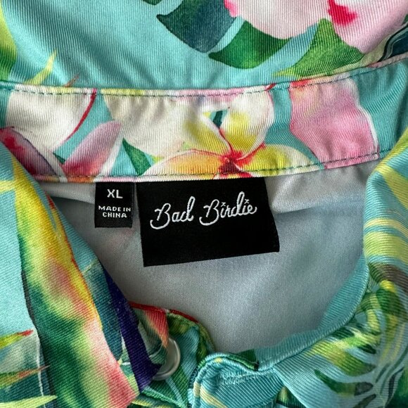 Bad Birdie Mens XL Hawaiian Tropical Floral Polo Shirt Short Sleeve in Blue - Picture 4 of 6